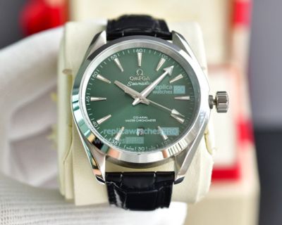 Replica Omega Aqua Terra 150M Watch SS Green Dial Black Leather Strap 41.5MM